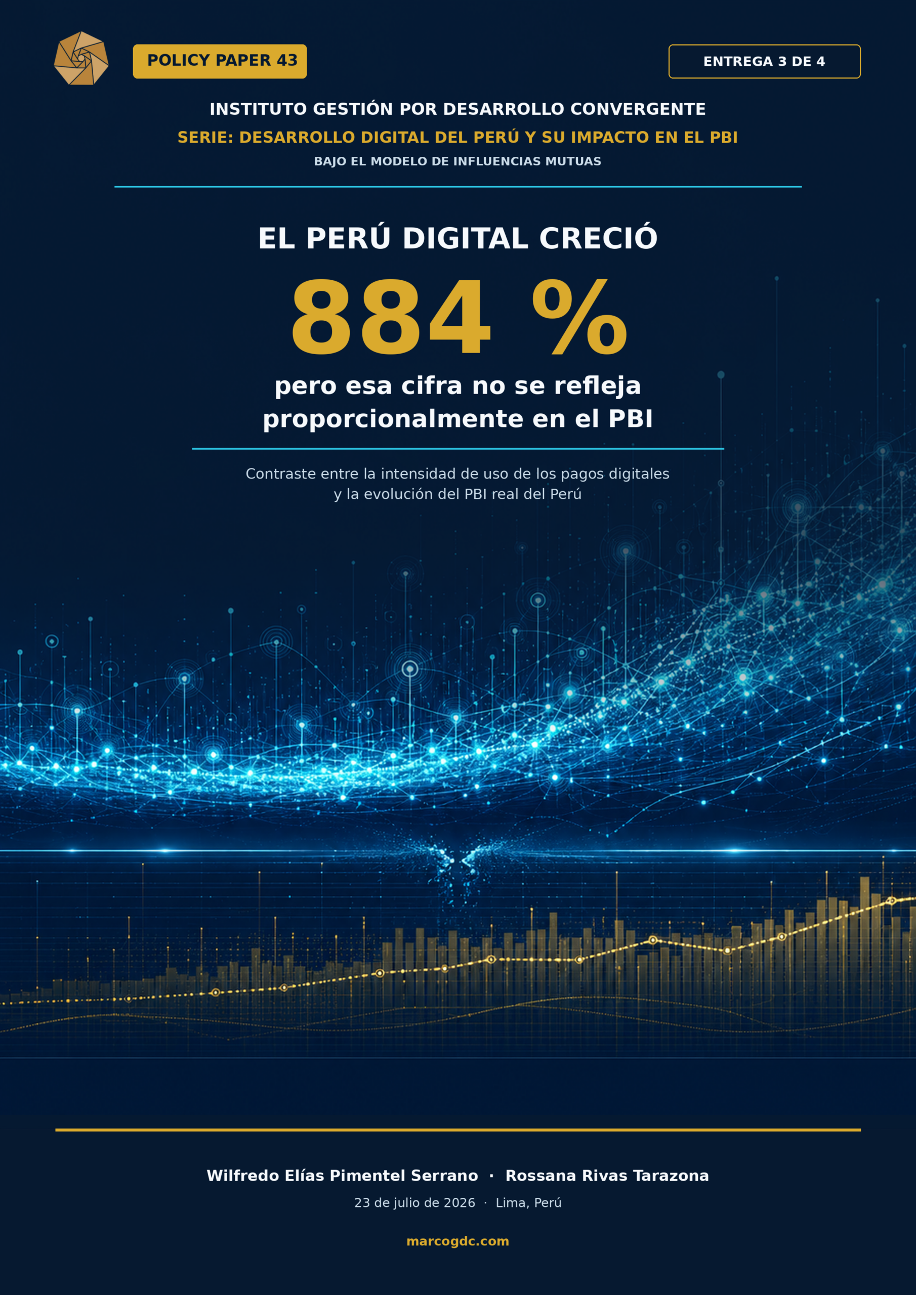 Portada del Policy Paper 43: El Perú digital creció 884%, pero esa cifra no se refleja proporcionalmente en el PBI